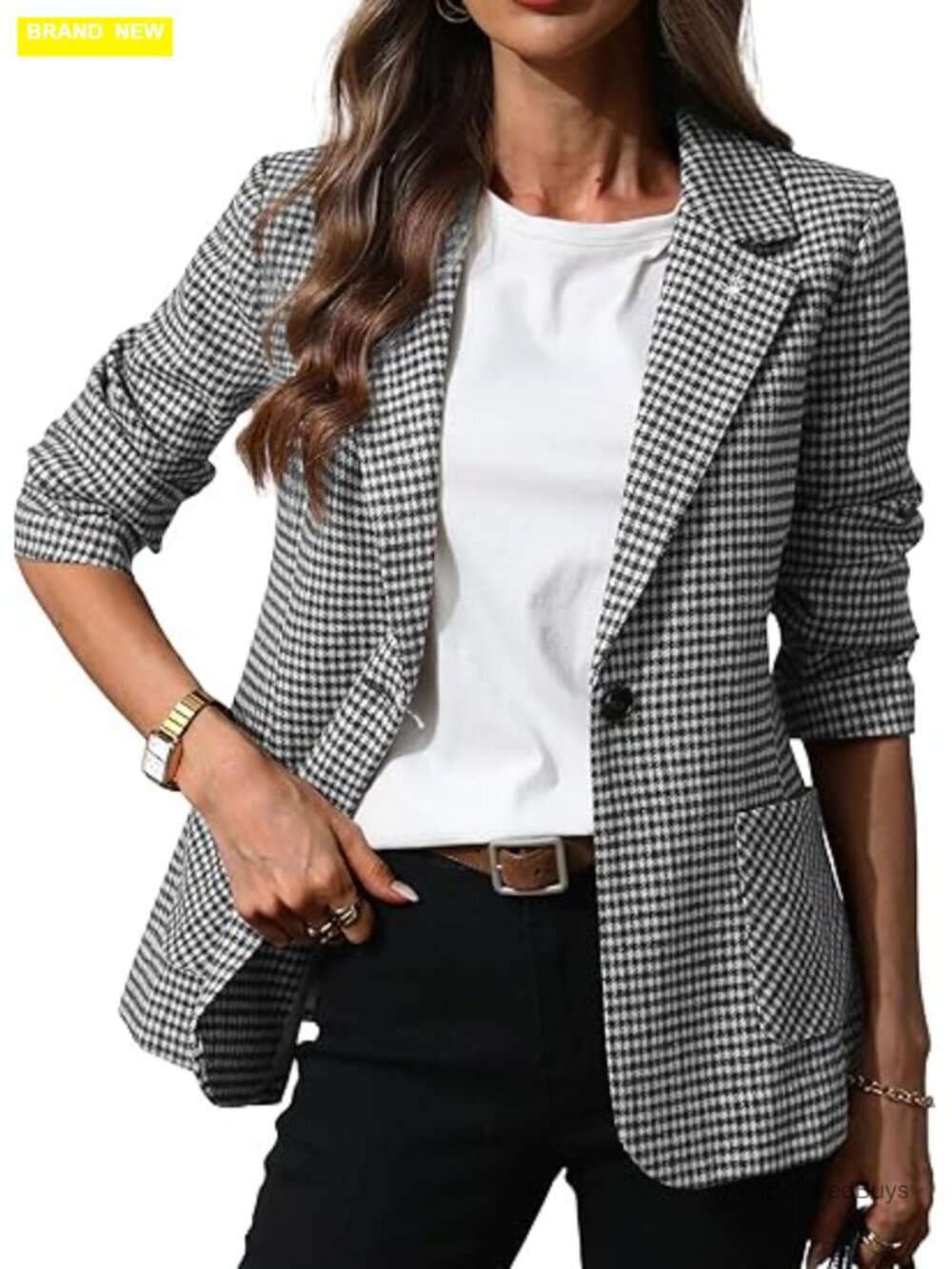 Women's Plaid Blazer with Embroidered Collar Houndstooth Business Casual Work